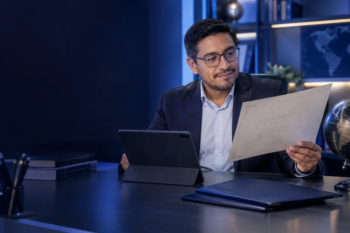 Especialista en registro académico compara un diploma extranjero con información en una tableta.