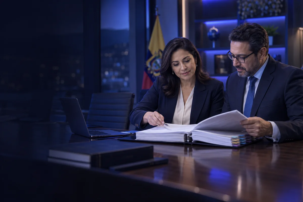 Abogada institucional y secretario general revisan un estatuto con separadores documentales.